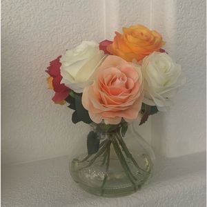 Faux Roses in Clear Glass Vase